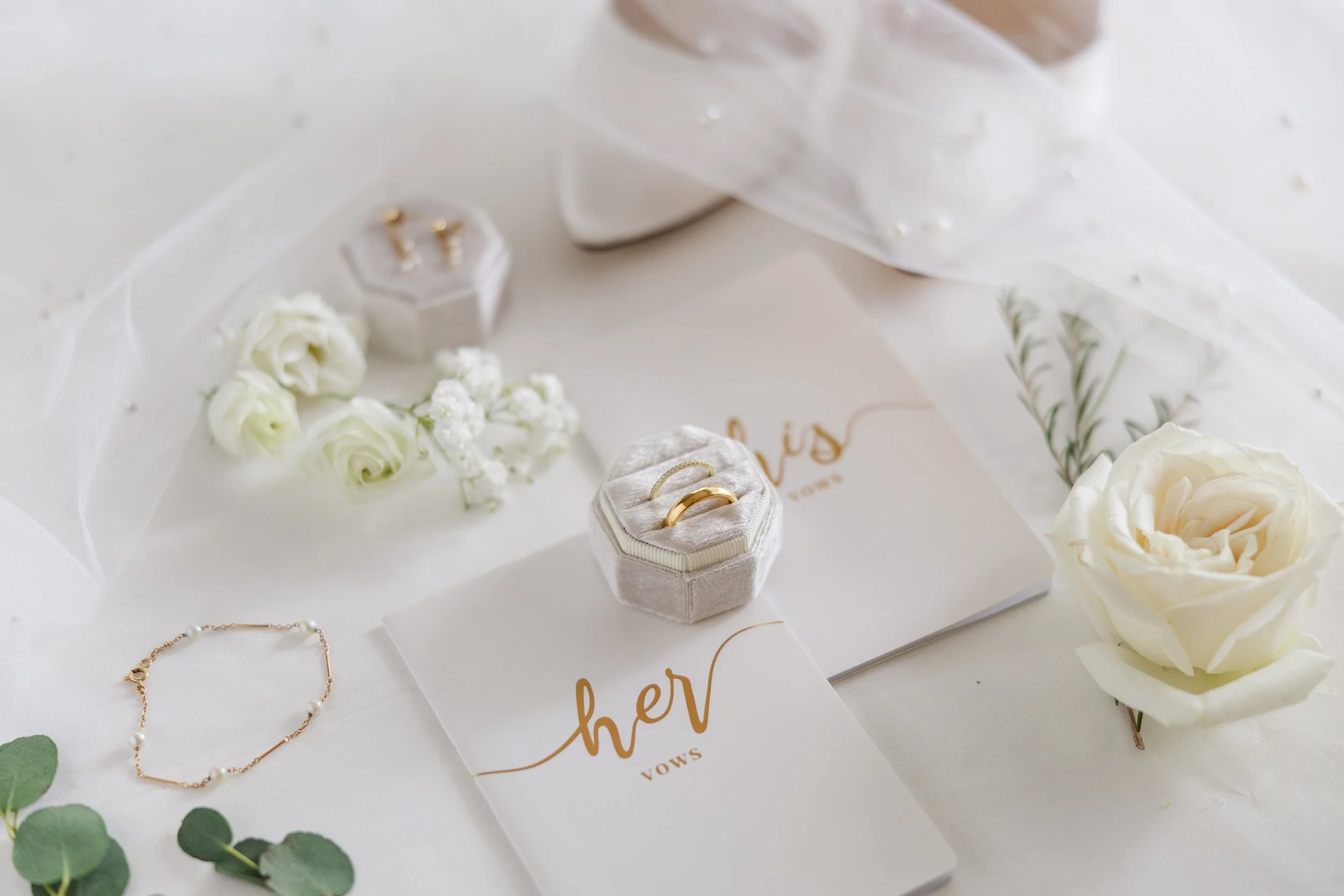 Wedding detail shot featuring rings, invitations, and florals