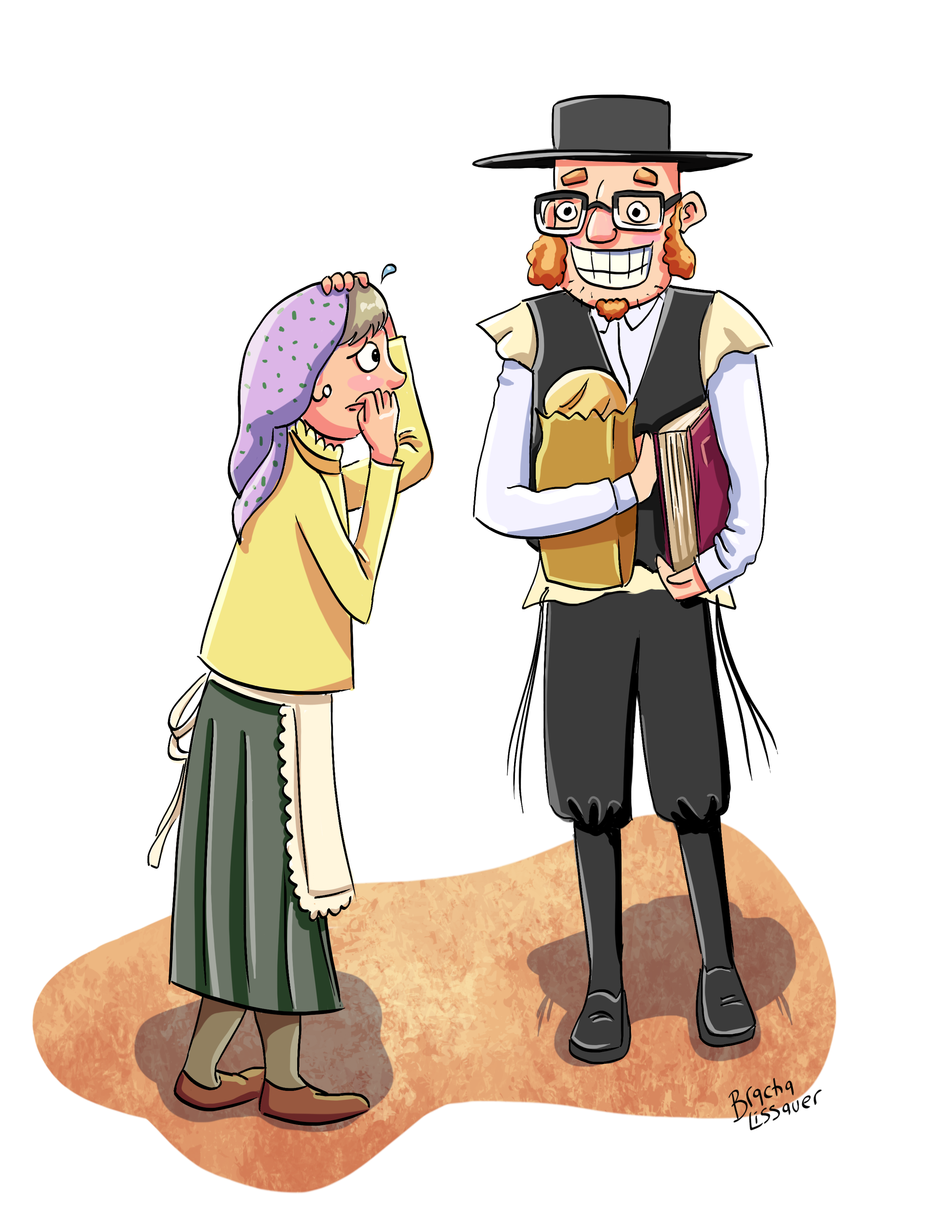 Cartoon of a young girl nervously sweating and biting her nails looking at a smiling man dressed in historical clothing, holding books and a bag, on a dirt ground.
