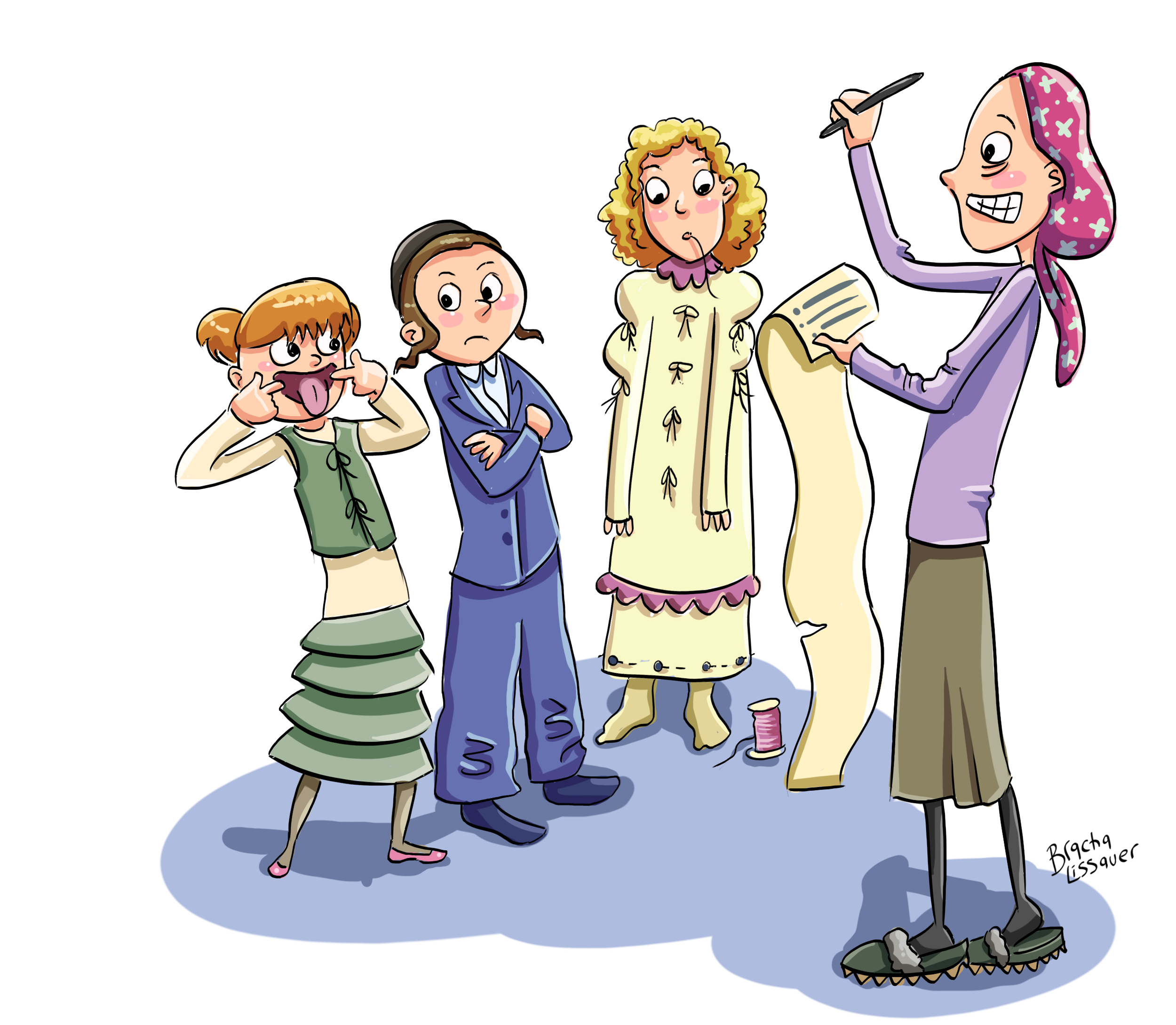 Four women, one making a disapproving face and others expressing annoyance or frustration, while a fashion designer or stylist prepares a dress for fitting or fitting session.
