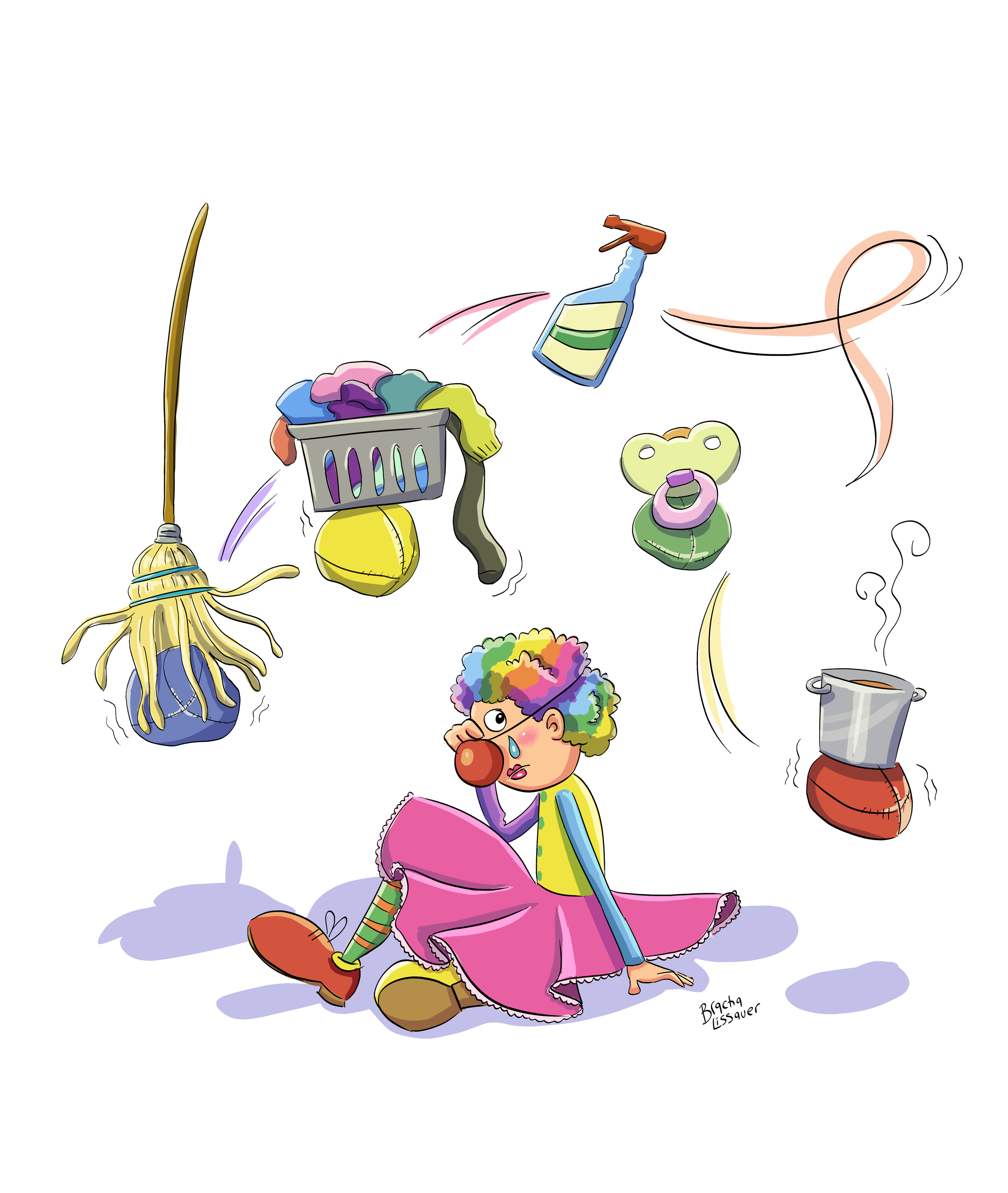 A cartoon clown sitting on the floor surrounded by flying household cleaning items and supplies, including a mop, laundry basket, spray bottle, pacifier, steaming pot, and sock.