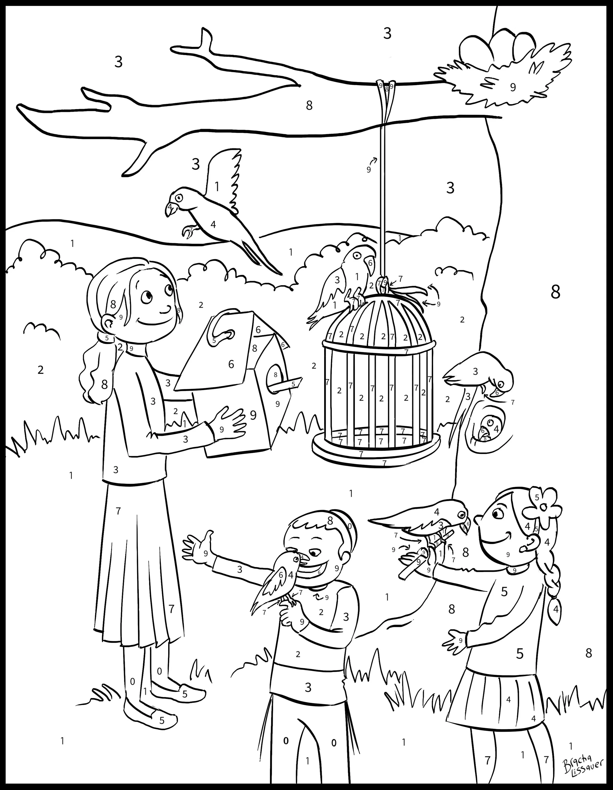 A children's coloring page of a girl, boy, and woman enjoying a bird-themed activity outdoors. The girl and woman have birds perched on them, and the boy is reaching out to a bird. There is a birdcage hanging from a tree branch with birds inside and outside the cage. The scene includes trees, bushes, and a sky with a bird flying.