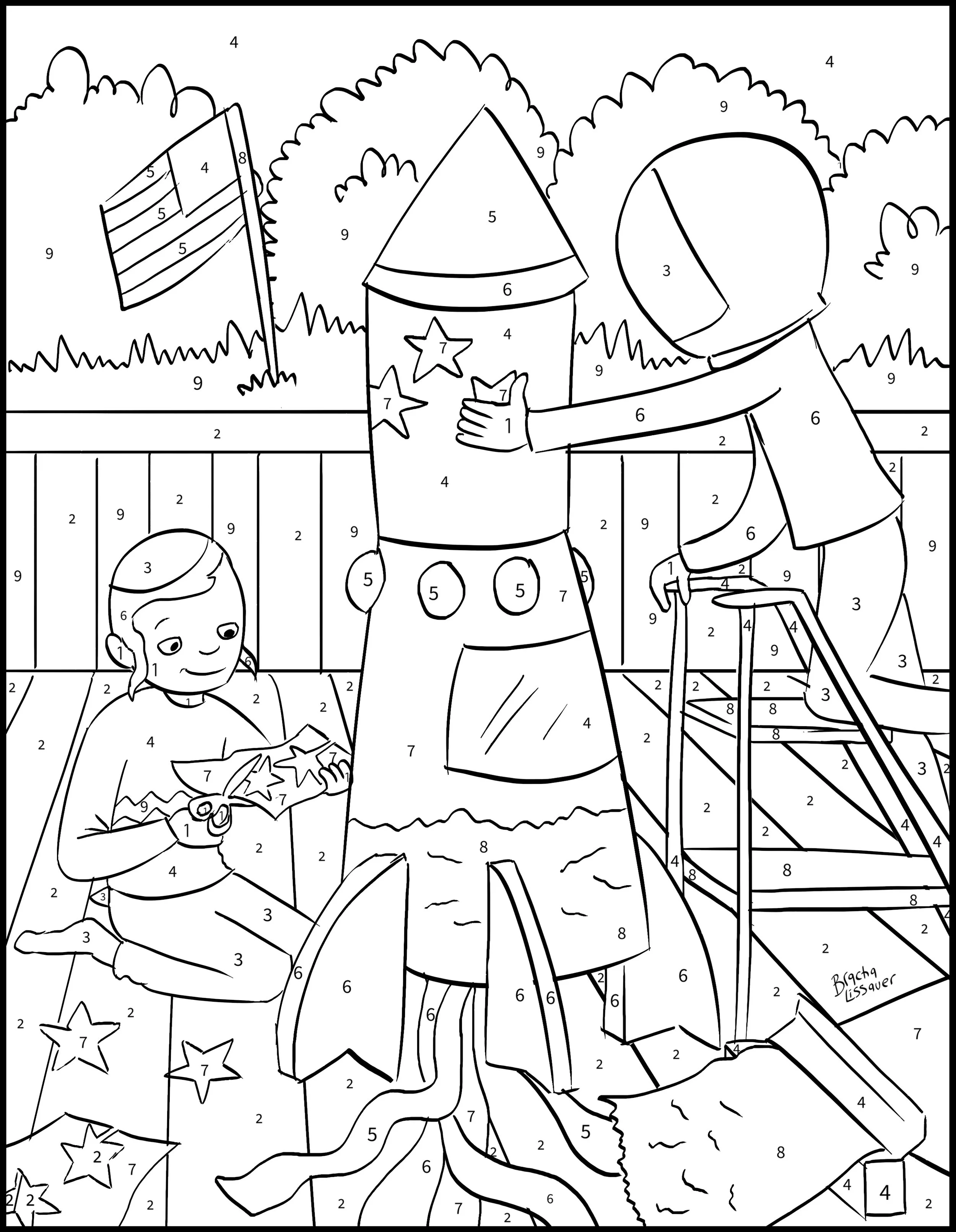 Coloring page illustration of a young boy and girl climbing a treehouse surrounded by trees and a fenced yard, with an American flag in the background.