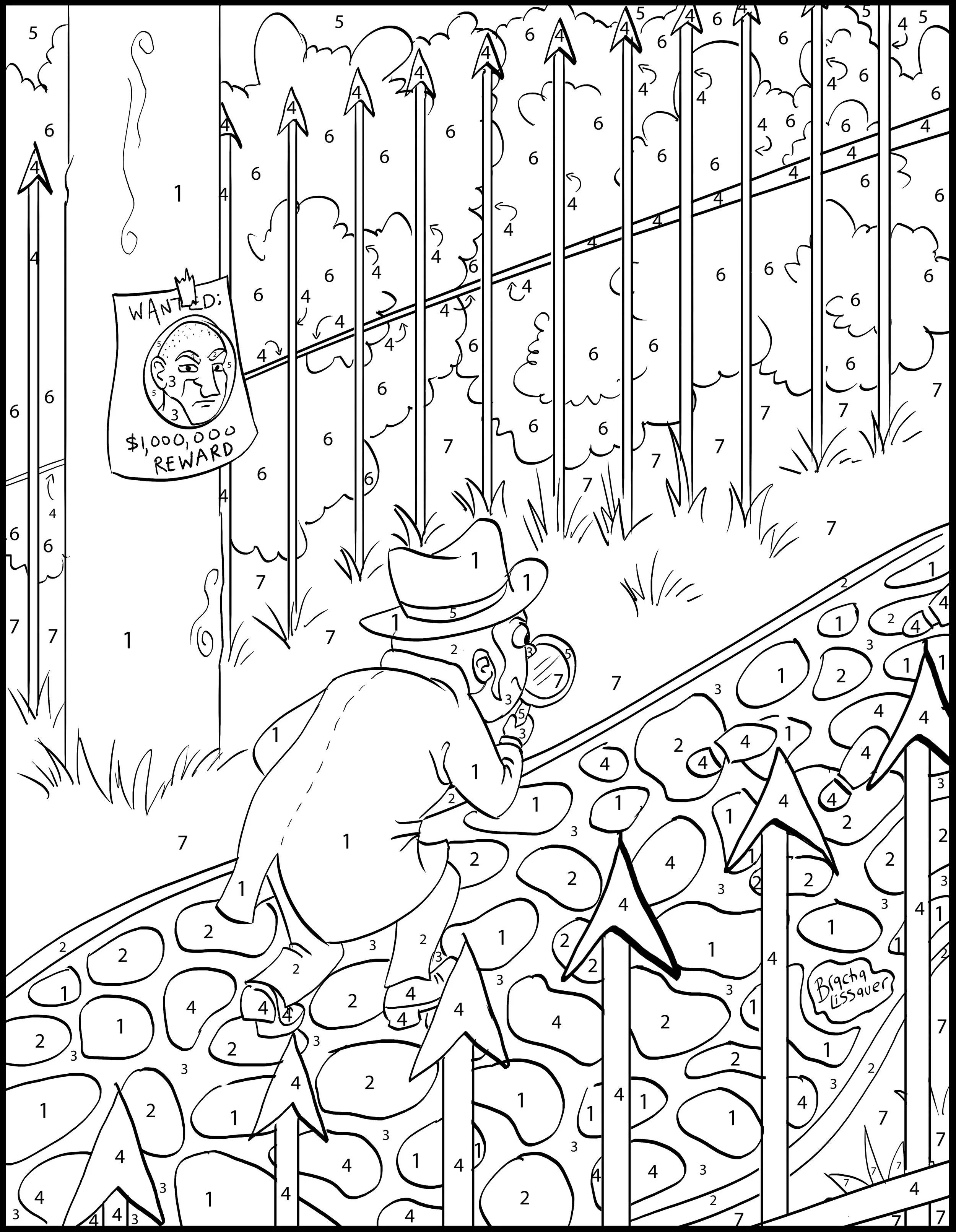 Coloring page of a man with a hat crouching behind rocks, looking at a wanted poster on a tall fence with barbed wire and bushes, with paths and clouds in the background.