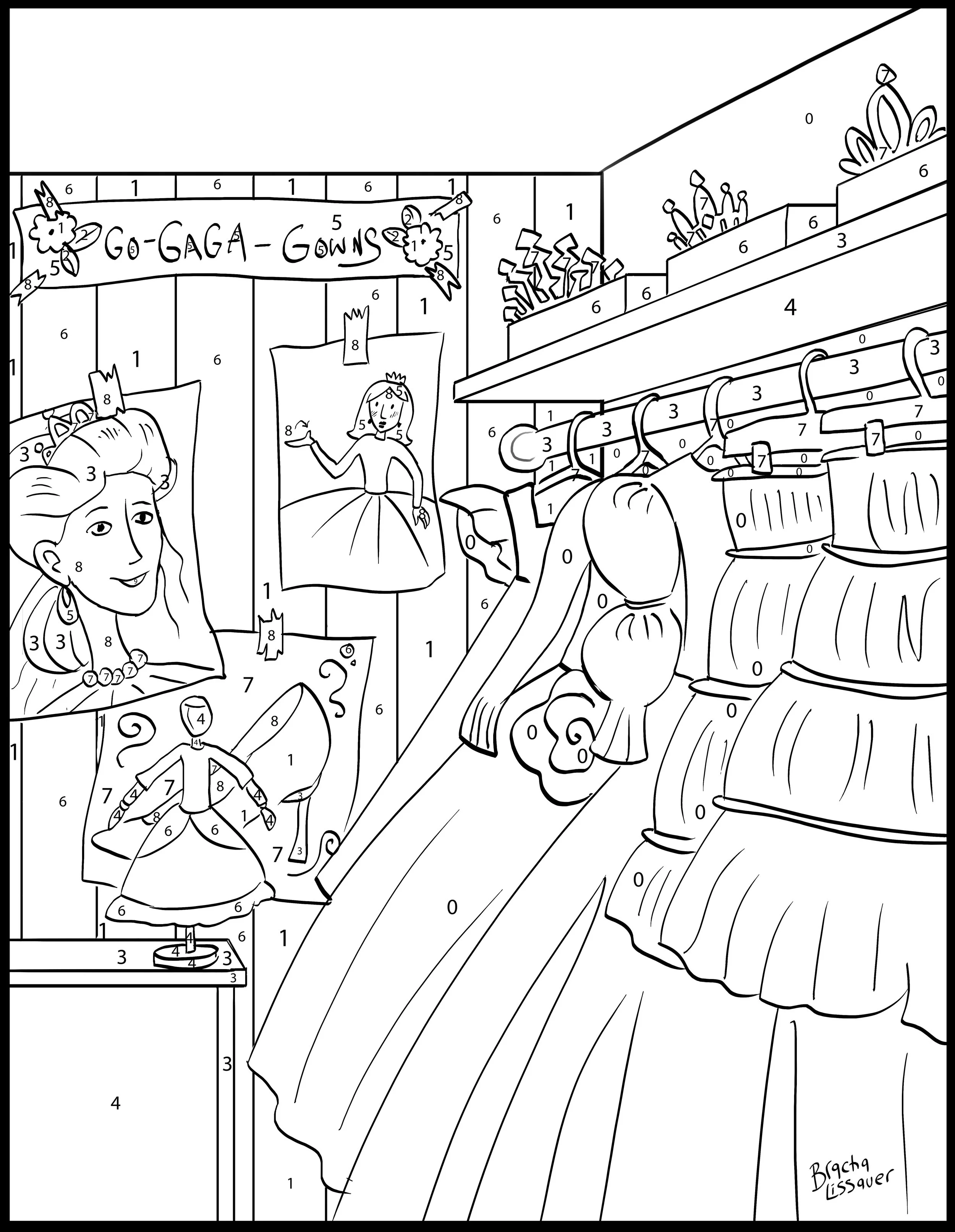 Color by number picture of a doll and vanity with a mirror, with a banner that says "Go-Gaga-Gowns" and decorative flowers. The scene features mannequins, dresses, and accessories in a boutique or dressing room setting.