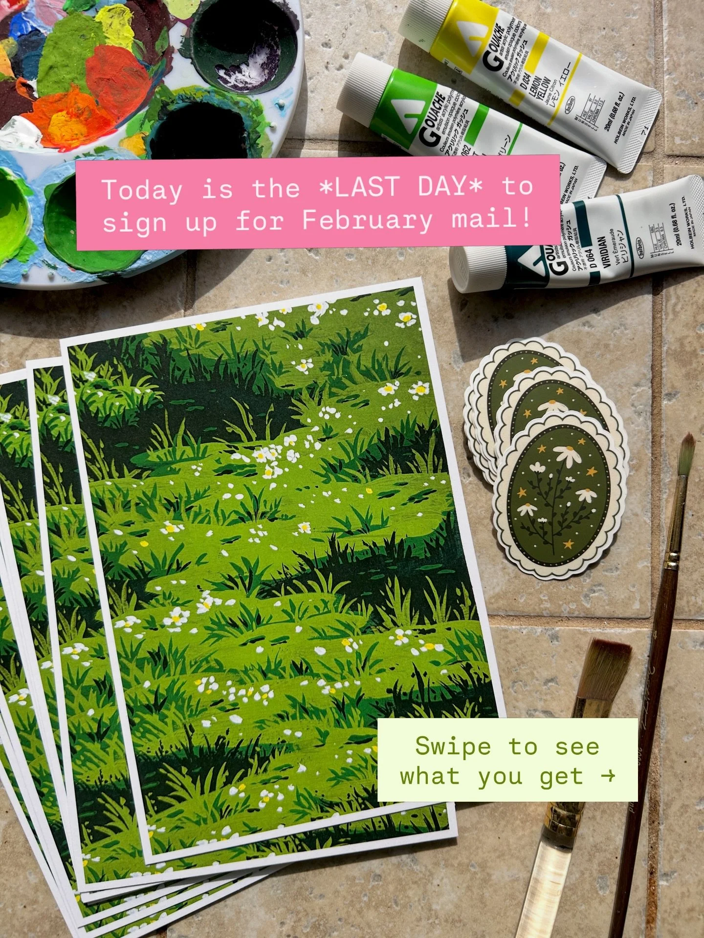 ❇️ Today is the ***LAST DAY*** to sign up for February snail mail!! ❇️

This month is all about sparking inspiration when you find yourself in a creative rut 😤 Spring is almost here, and the sight of fresh green grass always gets my creativity flowi