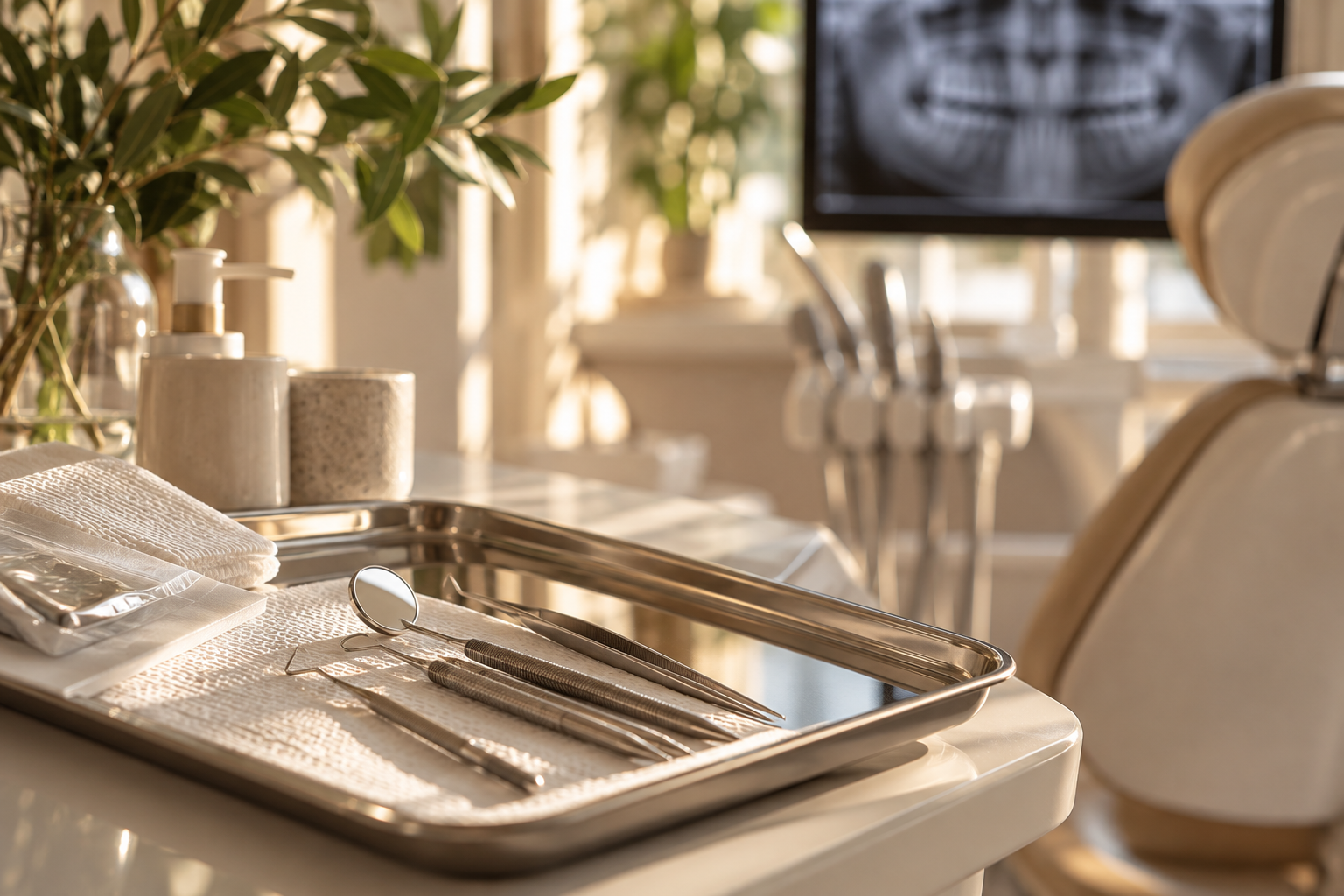 Dental tools on a tray, including a mirror, tweezers, and a dental pick, in a sterilization area with potted plants and dental equipment in the background.