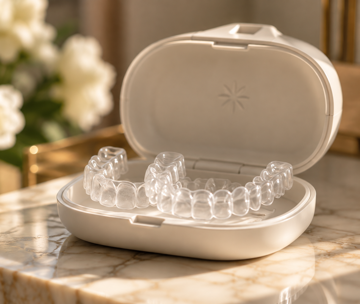 Dental clear aligners in a plastic case on a marble surface