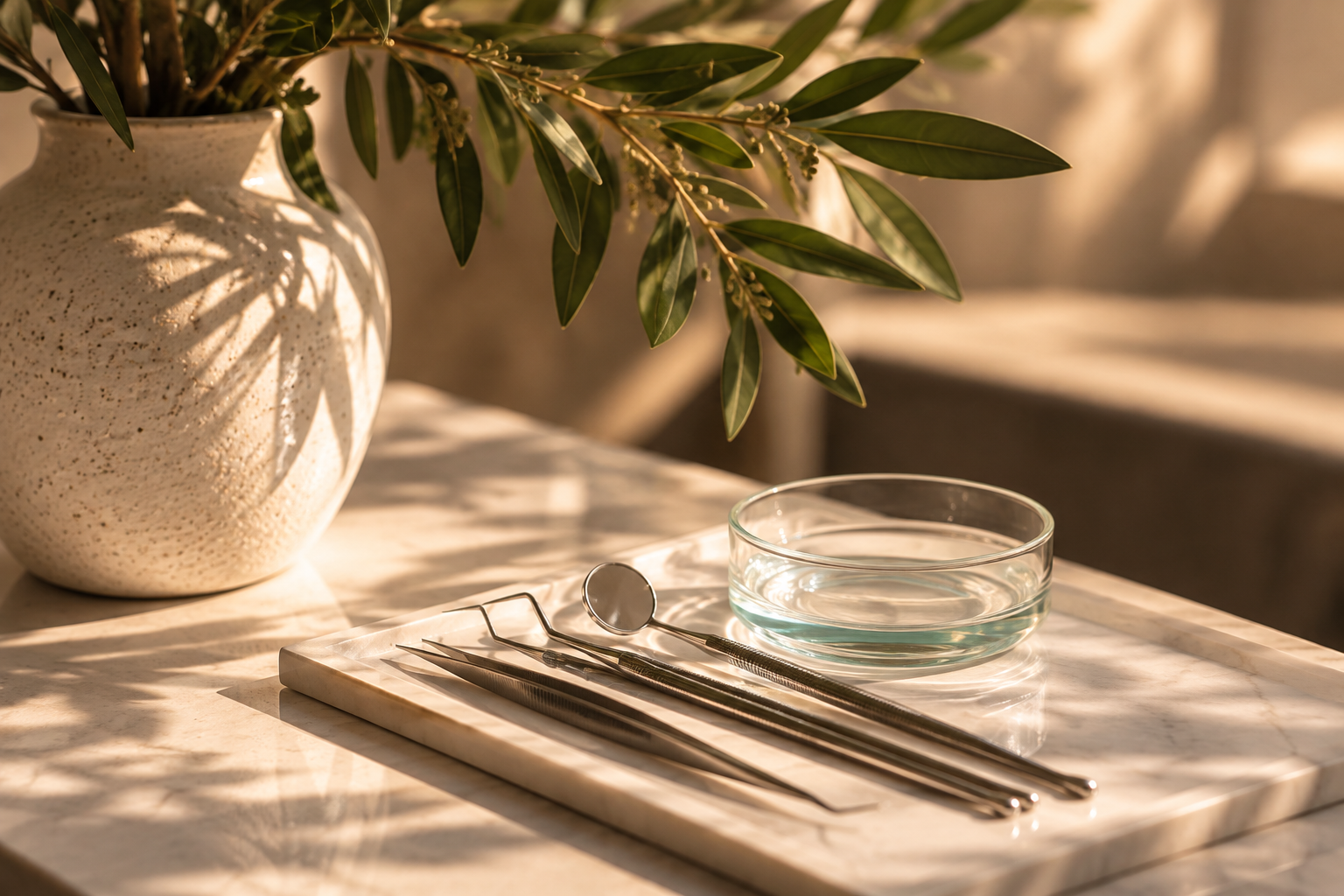 A table set with a white marble tray holding various metal dental tools, a glass bowl, and a large white textured vase with green leafy branches casting shadows on the surface.