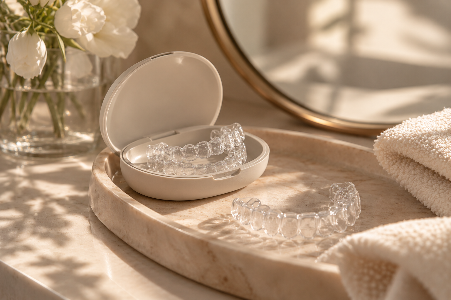 A clear plastic teeth whitening tray inside a white case on a beige marble tray, with a folded white towel and a vase of white flowers in the background.