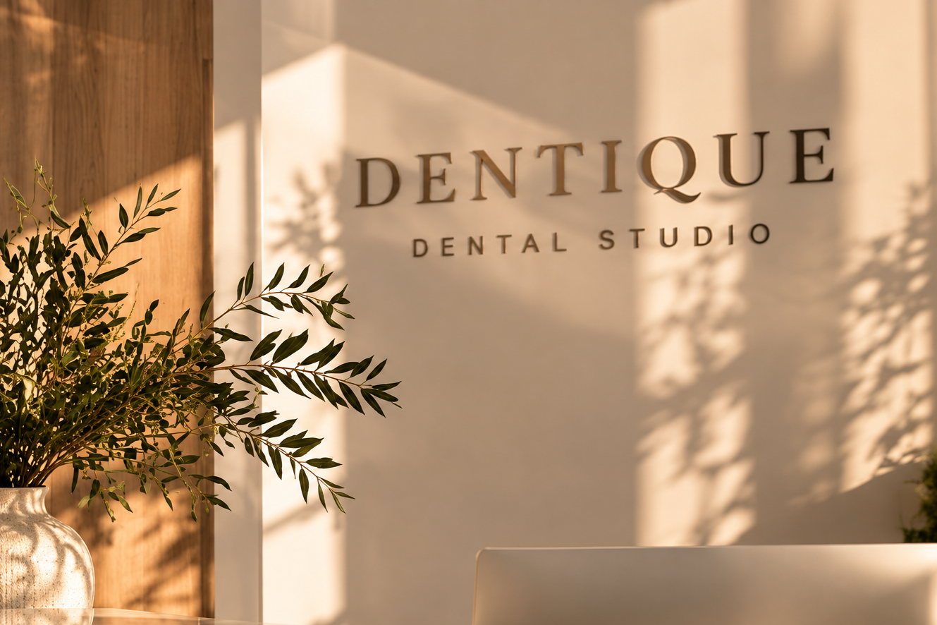 Interior of a dental studio with a white wall, the word "DENTIQUE" and "DENTAL STUDIO" in black lettering, a potted plant with green leaves on the left, and sunlight casting shadows on the wall.