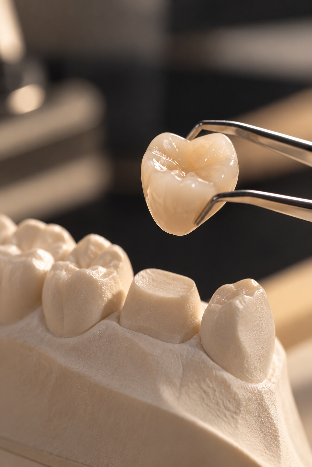 Close-up of a dental model with a single tooth being held by dental forceps, showing detailed anatomy of the tooth.
