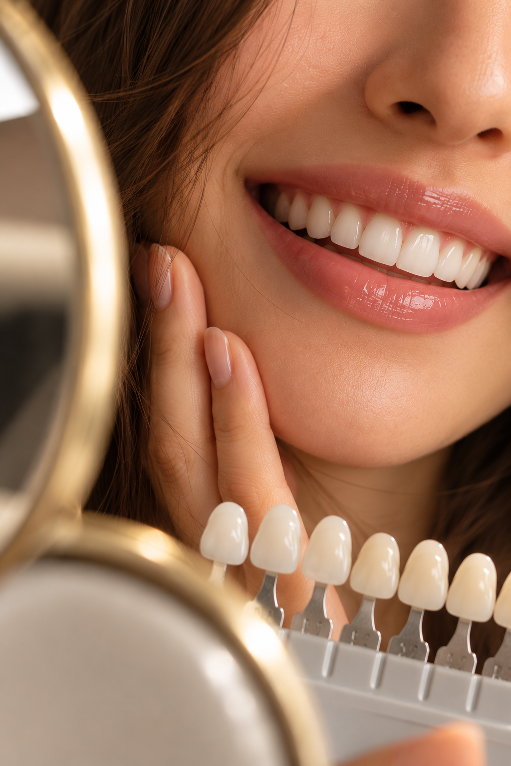 Close-up of a woman smiling, showing white teeth, with a color-matched lip gloss, holding a shade sample sheet with various tooth colors in front of her face.