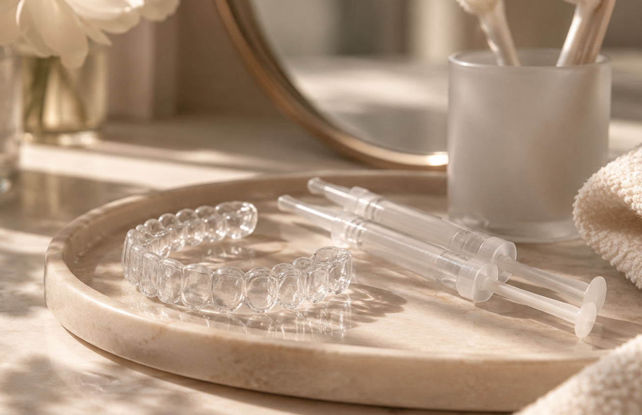 Clear dental aligner, two syringes, and a frosted glass cup with a toothbrush on a marble surface with a mirror and flower vase in the background.