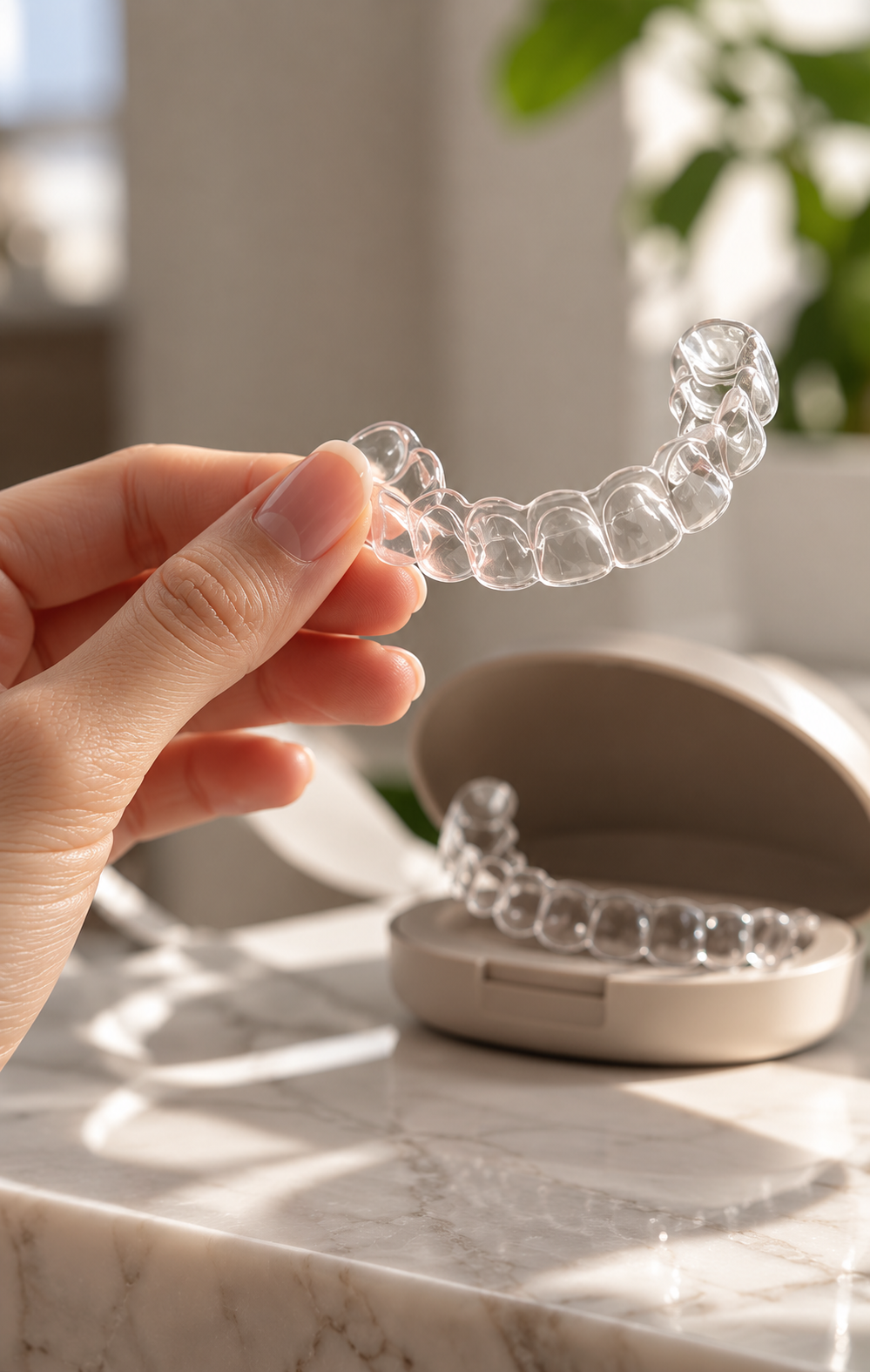 Hand holding a clear dental retainer with a blurred background including a white case and green plant.
