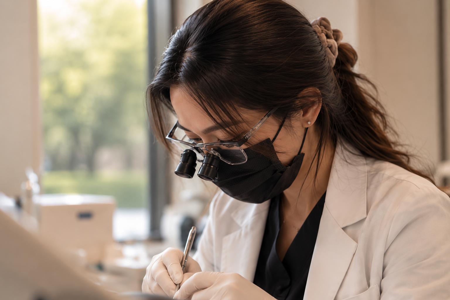 A scientist wearing a black face mask, glasses with magnifying lenses, and a white lab coat, working in a laboratory with a pen in hand.