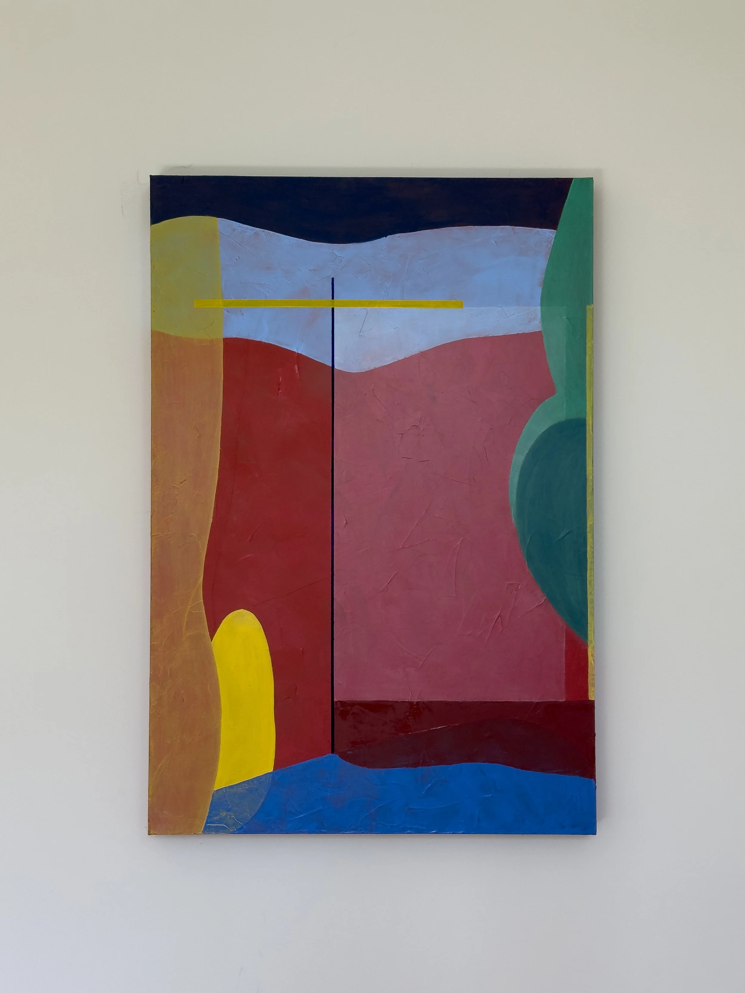 Abstract colorful canvas painting with curved and straight shapes in red, blue, yellow, green, and black, on a white wall.