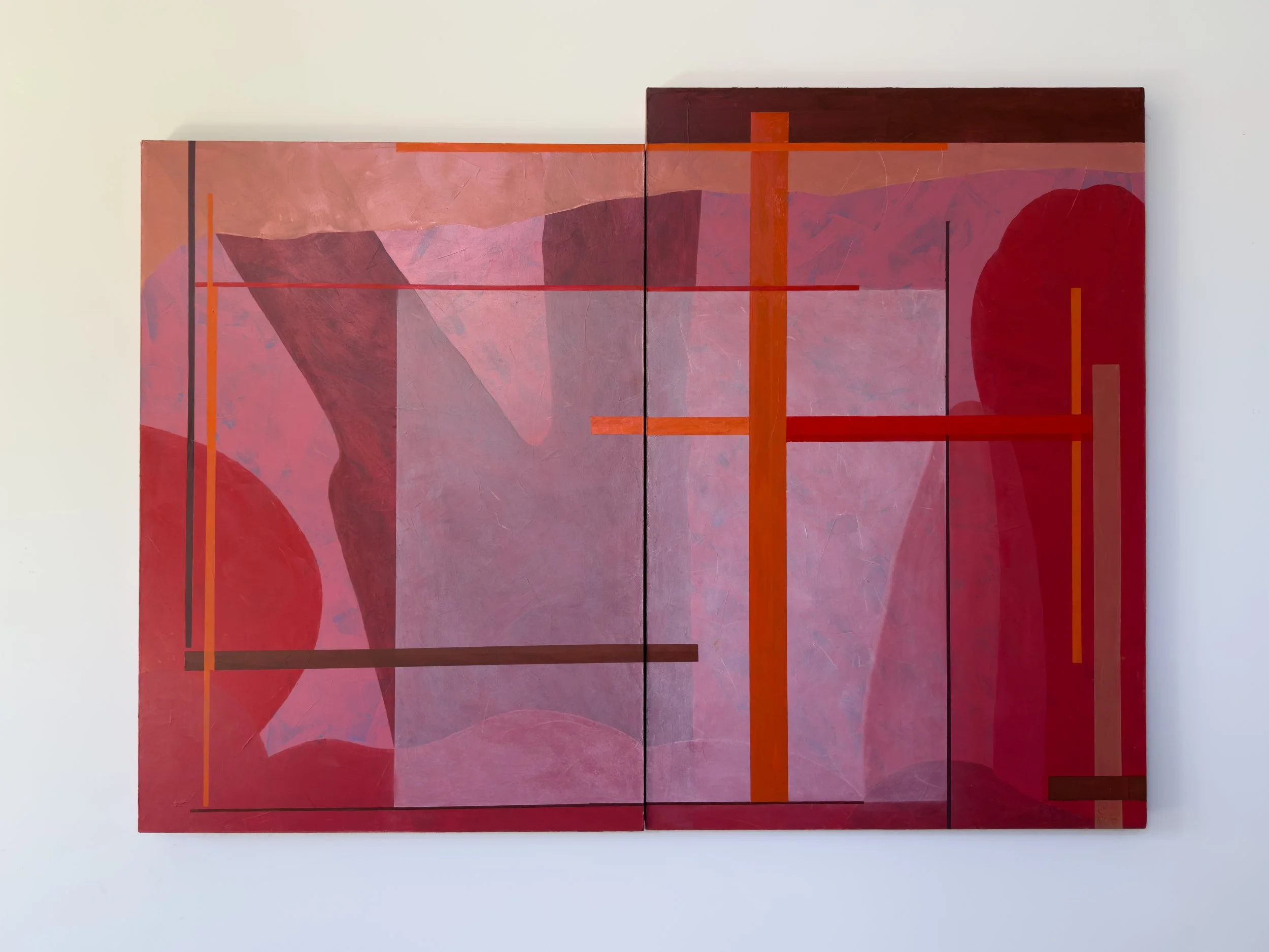 Abstract canvas painting with red, pink, and orange geometric shapes and lines on a white background.