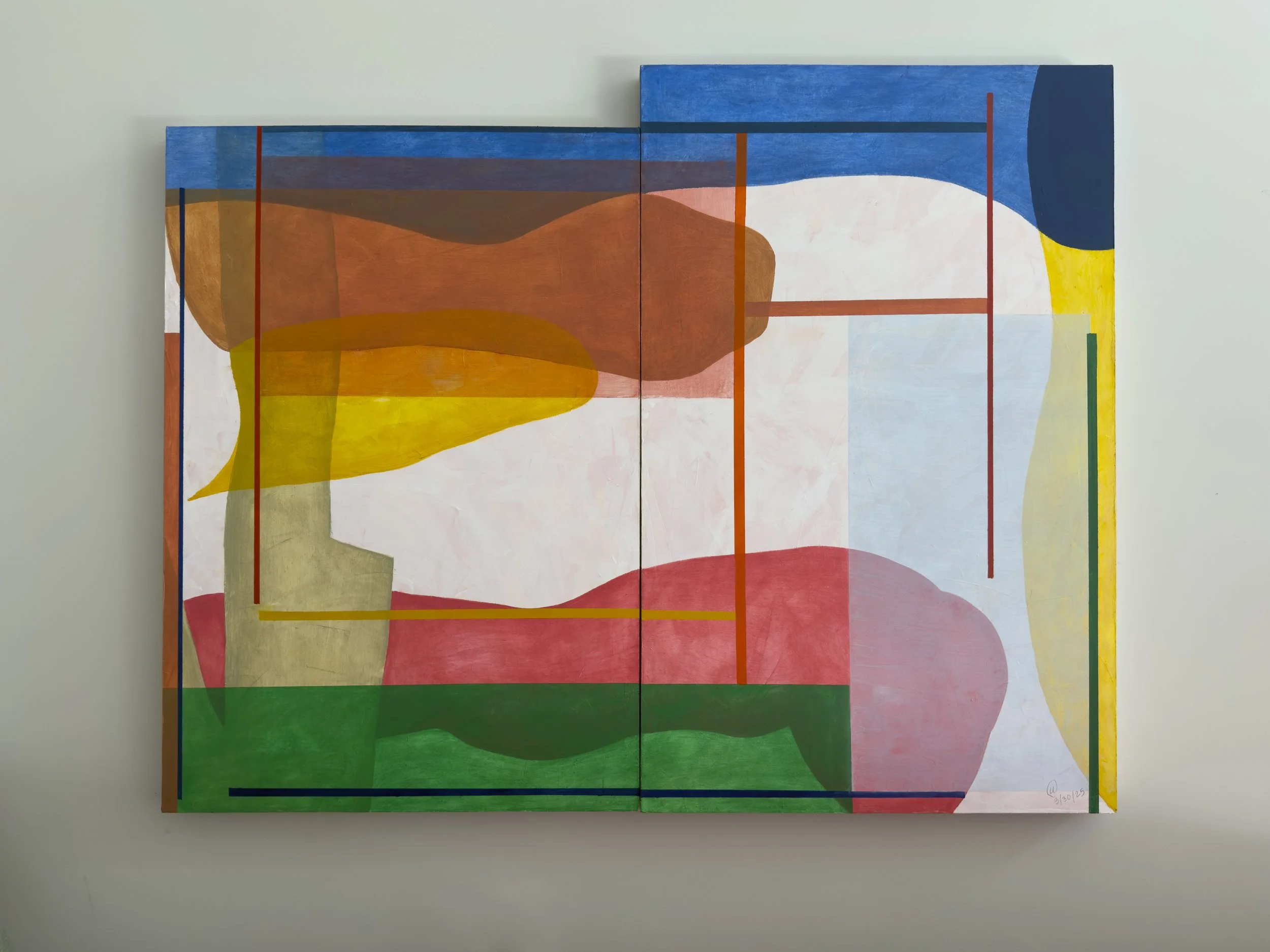 An abstract colorful painting on a canvas featuring various shapes and lines in shades of blue, brown, yellow, red, green, and white.