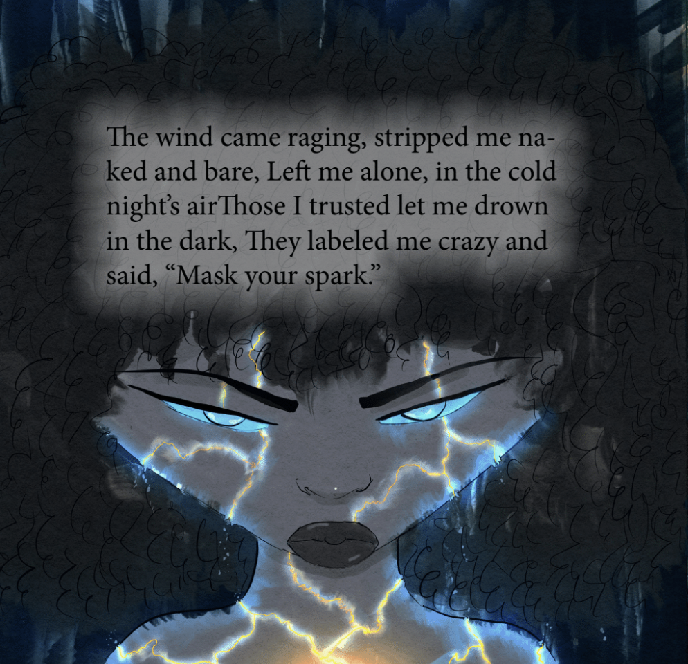 A woman with curly hair and glowing blue eyes, with lightning bolts and dark smoke surrounding her face, accompanies a poem about being betrayed and told to hide her power.