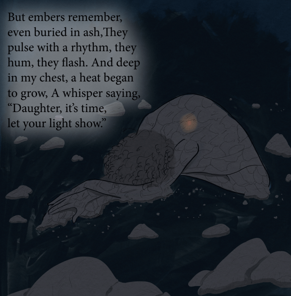 An illustration of a whale submerged underwater with rocks floating around, with a poem about embers, rhythm, and a whisper encouraging a daughter to let her light shine.