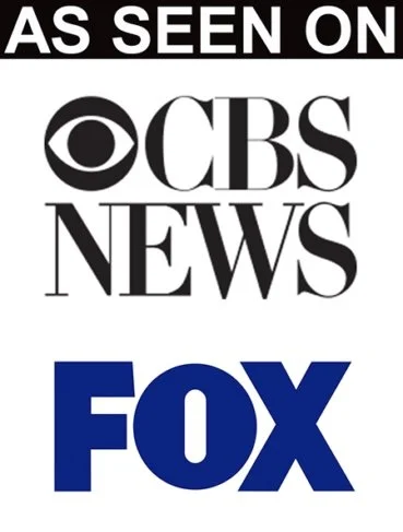 A black and white logo with the words 'As Seen On' at the top, the CBS News logo in the middle, and the FOX logo in blue at the bottom.