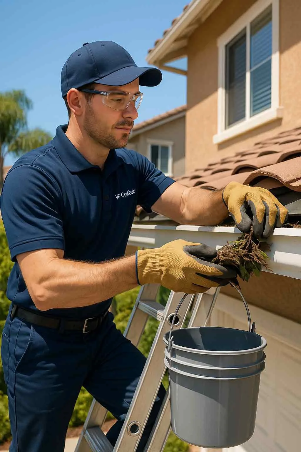 Professional outdoor service team pressure washing a patio in Orange County CA, showcasing Y.P. Craftology's expert gutter cleaning, fence installation, and patio restoration services.