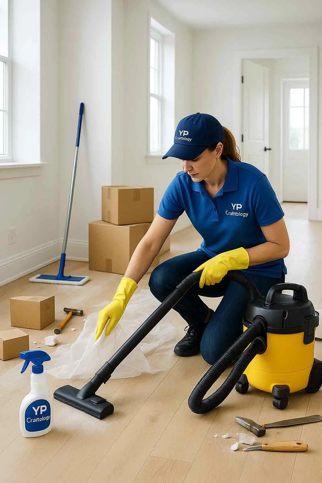 Cleaning crew in uniforms performing post-renovation cleanup in a modern, unfurnished home with tools and dust sheets visible
