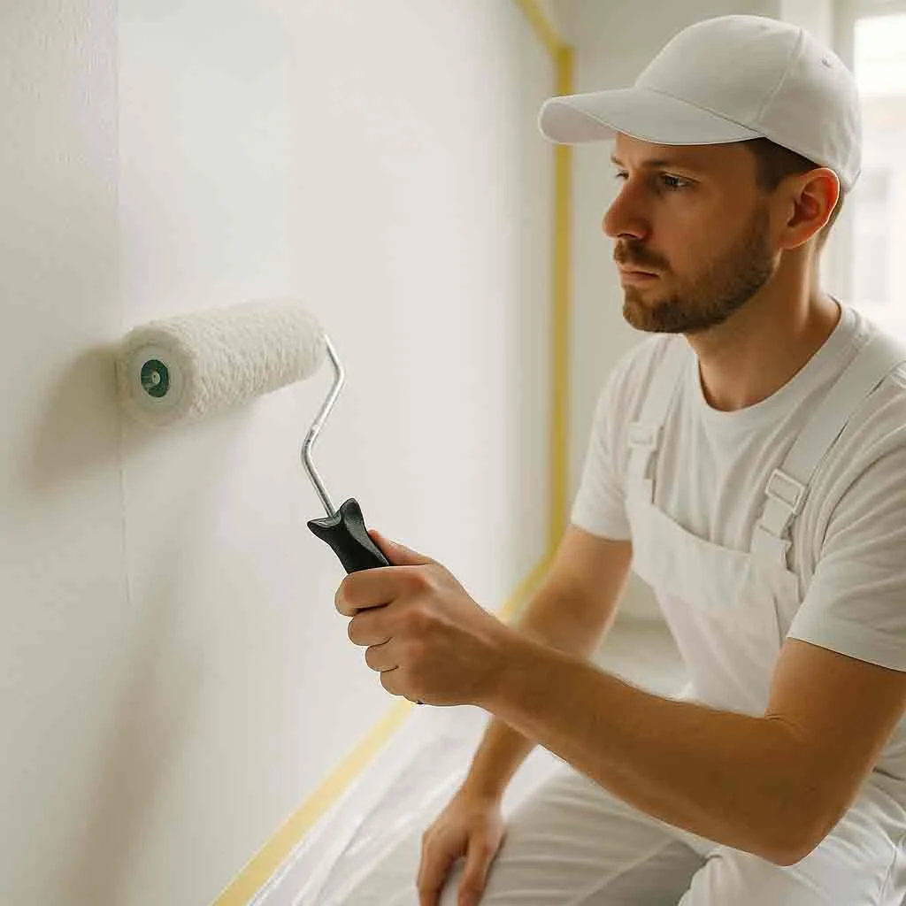 Handyman painting interior wall in a modern home