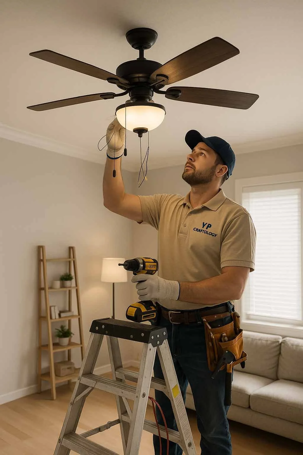 Handyman installing ceiling fan with safe wiring