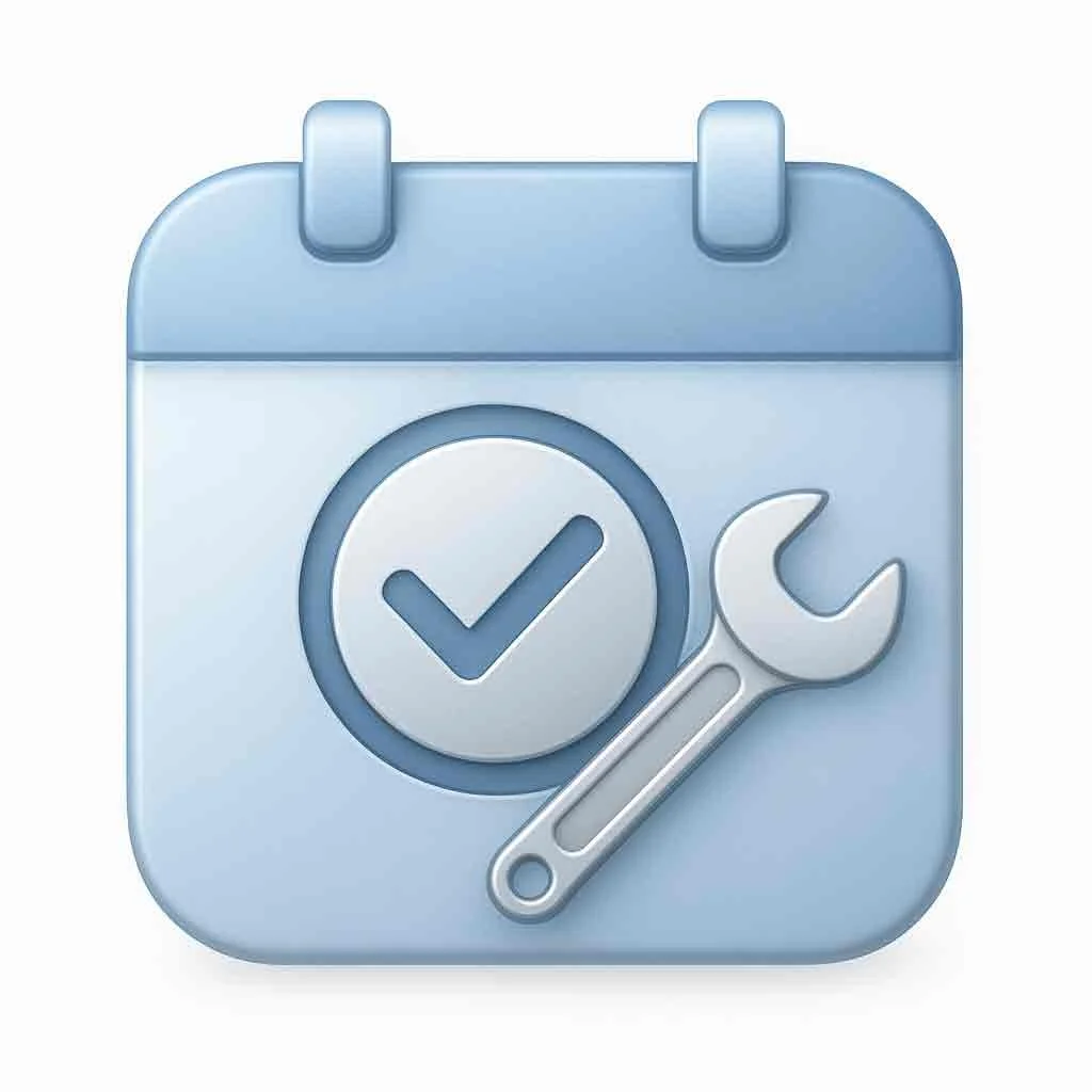 Maintenance calendar icon with checkmark and wrench – symbol for home checkup and preventive service pricing
