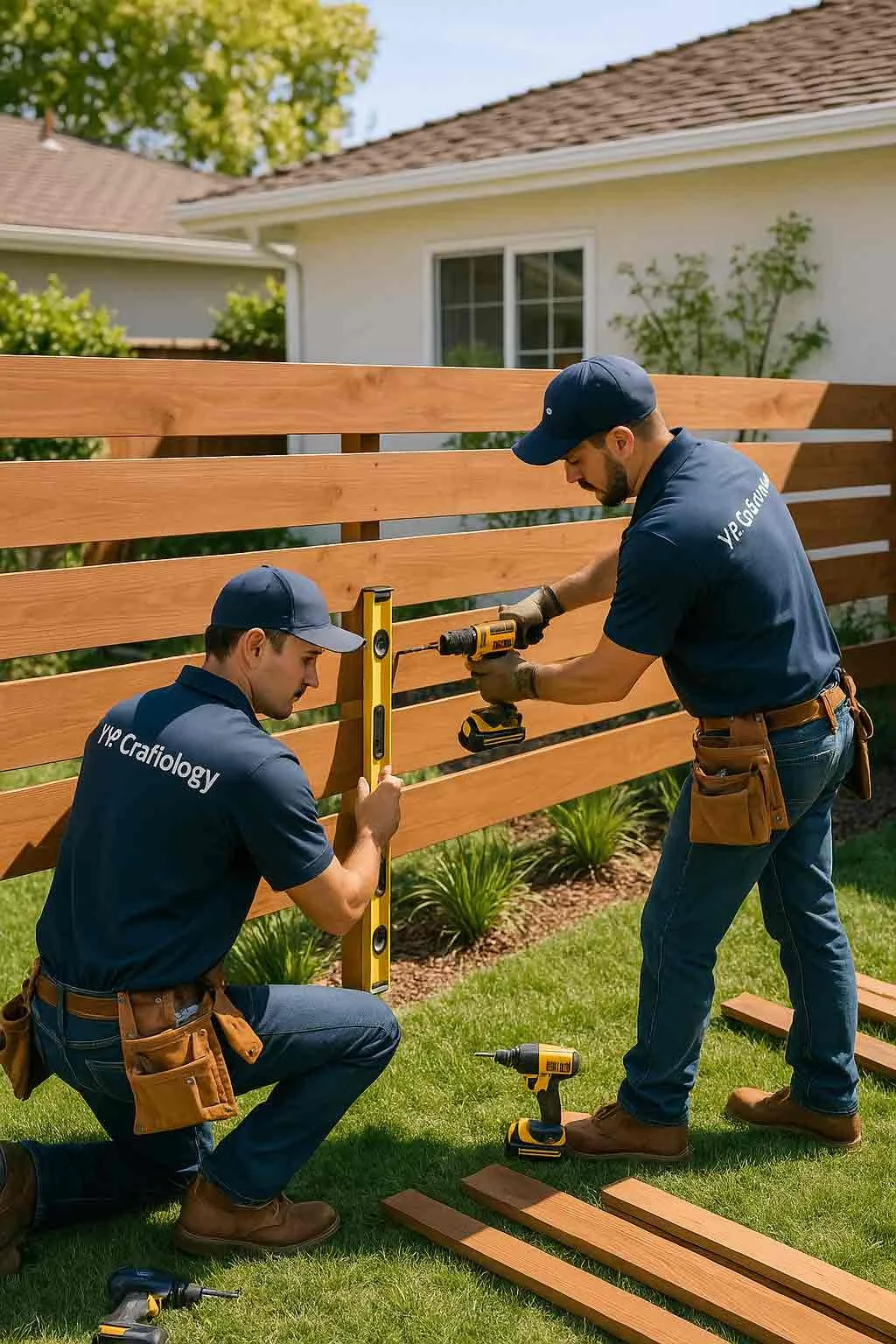 Professional outdoor service team staining a deck in Orange County CA, showcasing Y.P. Craftology's expert deck staining, fence painting, and outdoor lighting installation services.