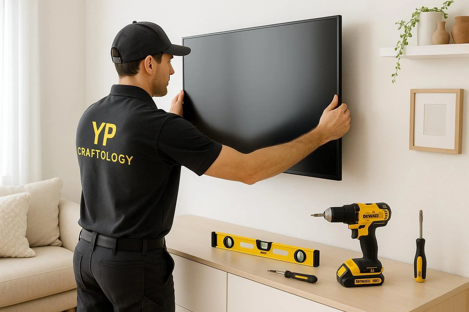 Technician mounting flat-screen TV on wall