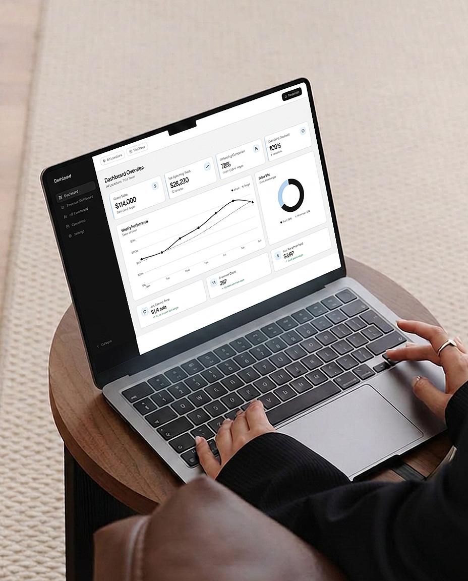 A person using a laptop on a wooden table, viewing a HYPHN dashboard with financial analytics and charts.