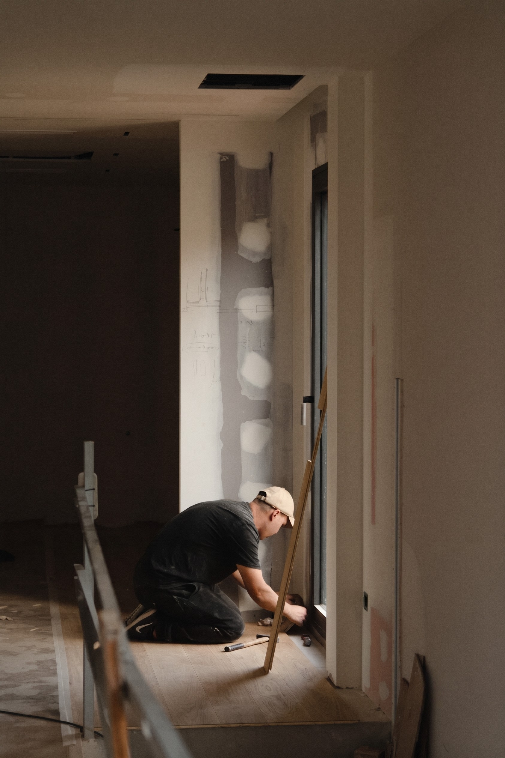 Tradesman doing manual labour in a house renovation. 