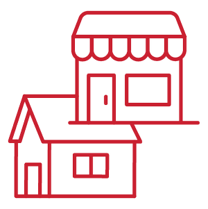 Outline drawing of a small storefront with an awning, with an attached house showing a door and windows.