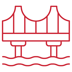 Outline of a suspension bridge over water.