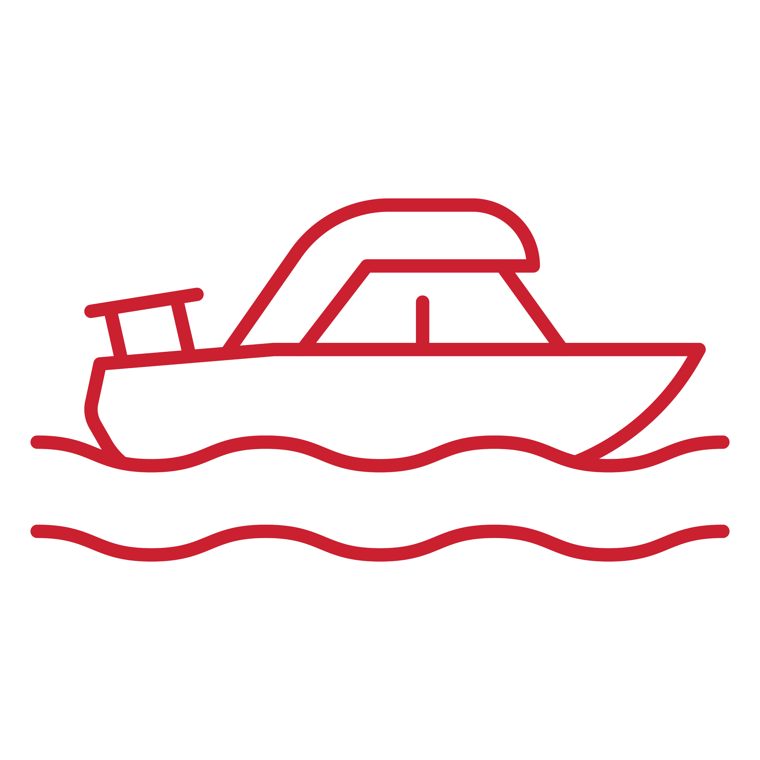 Red outline drawing of a boat floating on water.