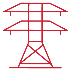 Red outline of an electrical transmission tower with multiple crossbars