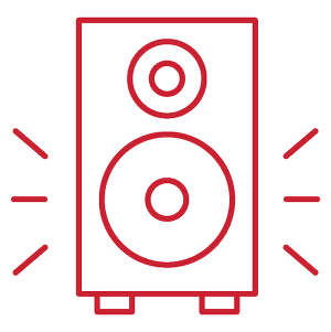 Outline of a speaker or audio monitor with sound waves emanating from it.
