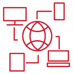 A network diagram with a globe in the center connected to four computer screens via lines.