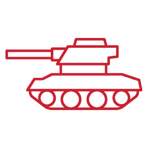 Line drawing of a tank with a long barrel, outlined in red on a black background.
