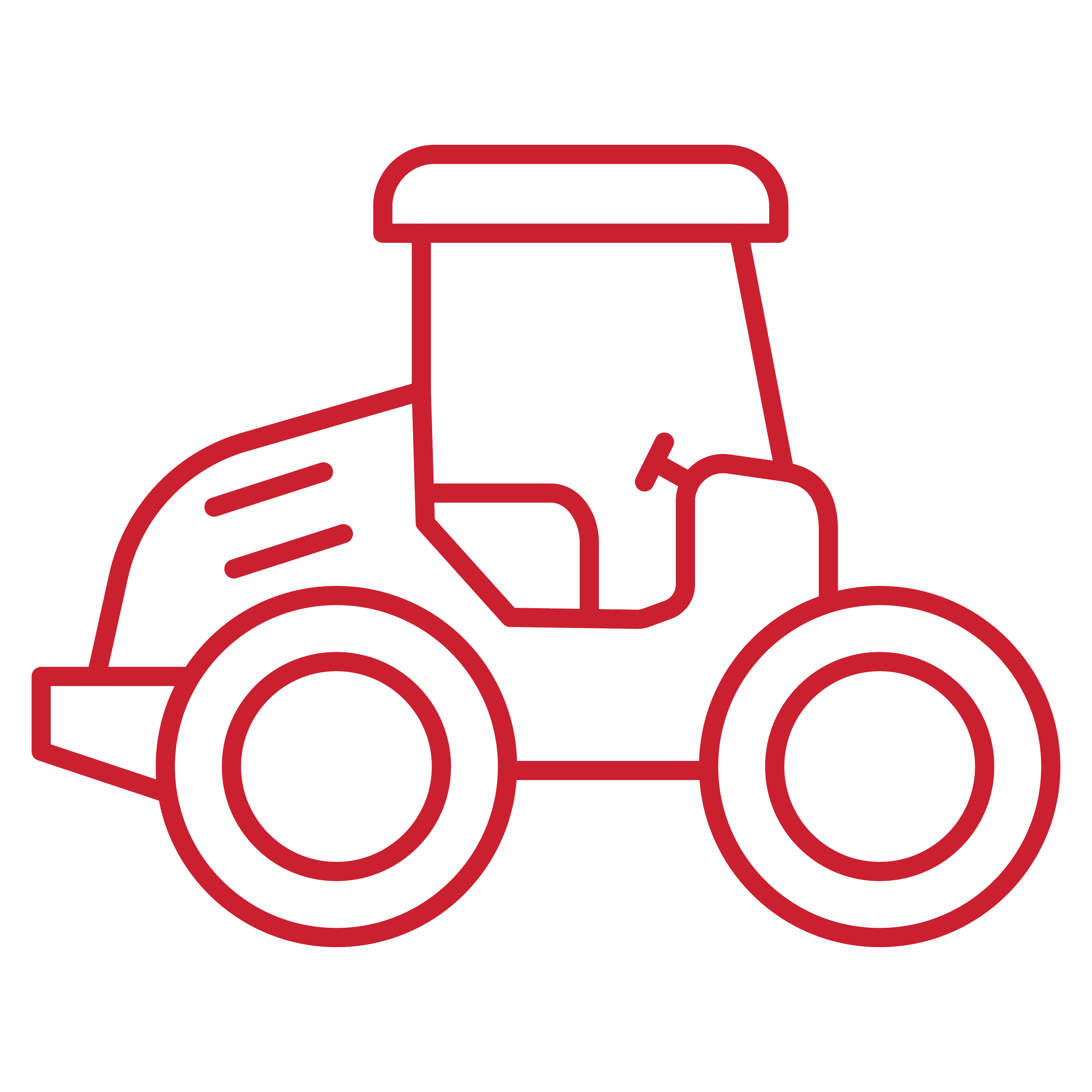 Outline drawing of a tractor in red.