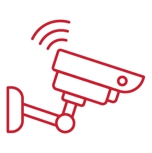 Outline illustration of a security camera with Wi-Fi signals above it.