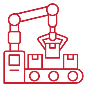 Illustration of a robotic arm sorting boxes on a conveyor belt.