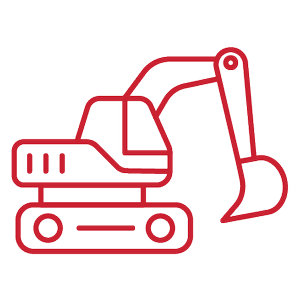 Line drawing of an excavator with a bucket and tracks
