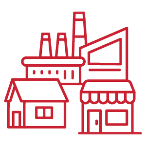 Line drawing of a cityscape with buildings and smokestacks.