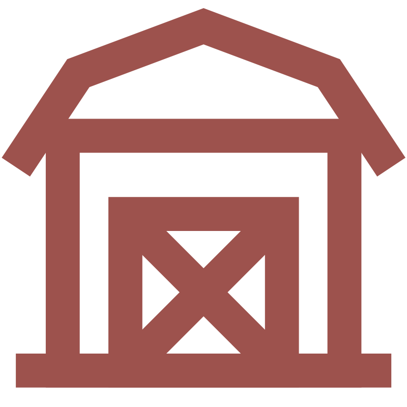 Icon of a barn with a pitched roof and a large sliding door with a crossbuck pattern.
