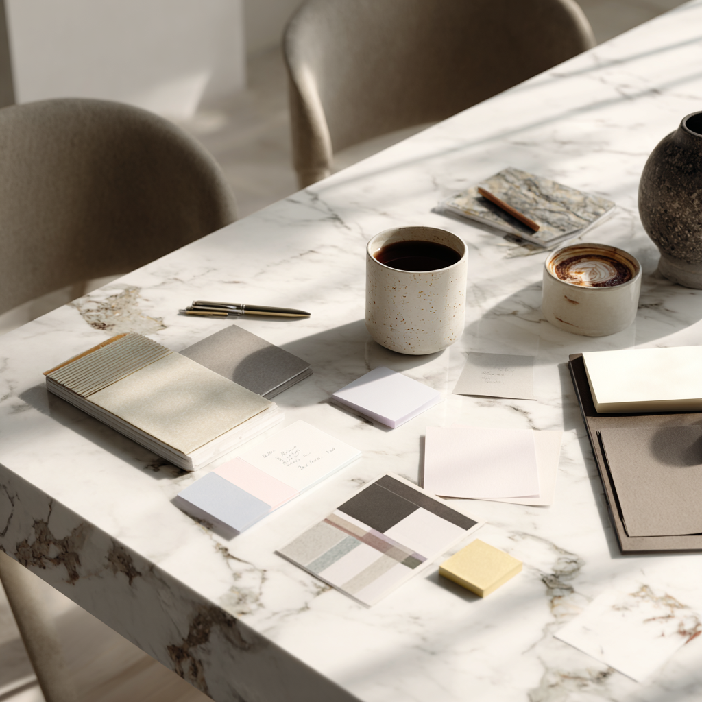 A marble table with notebooks, color swatches, a pen, sticky notes, and two cups of coffee.