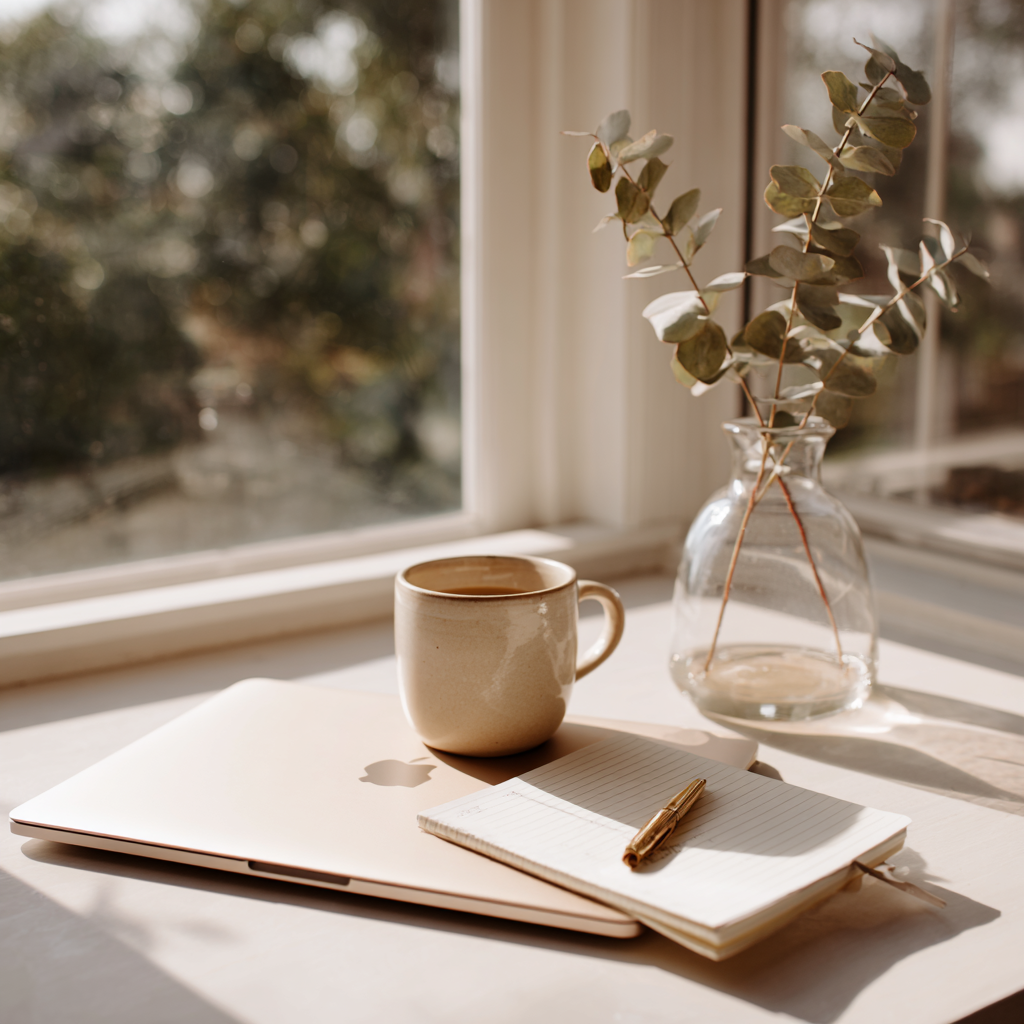 cup with coffee and flower jar