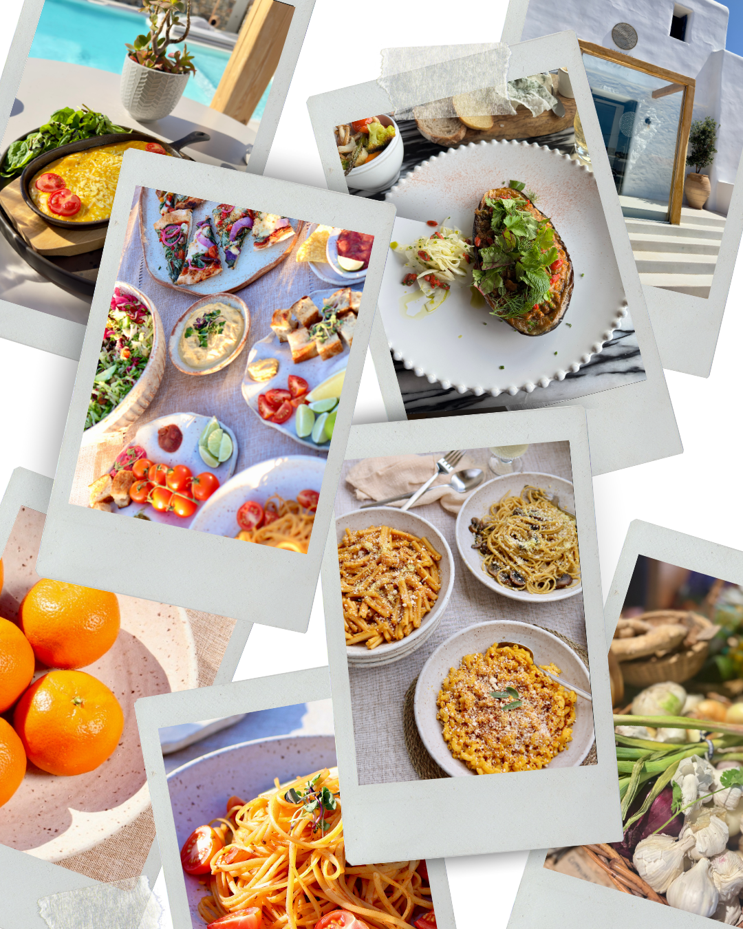 Collage of various foods including oranges, pasta dishes, pizza, salads, roasted vegetables, and a chef's salad.